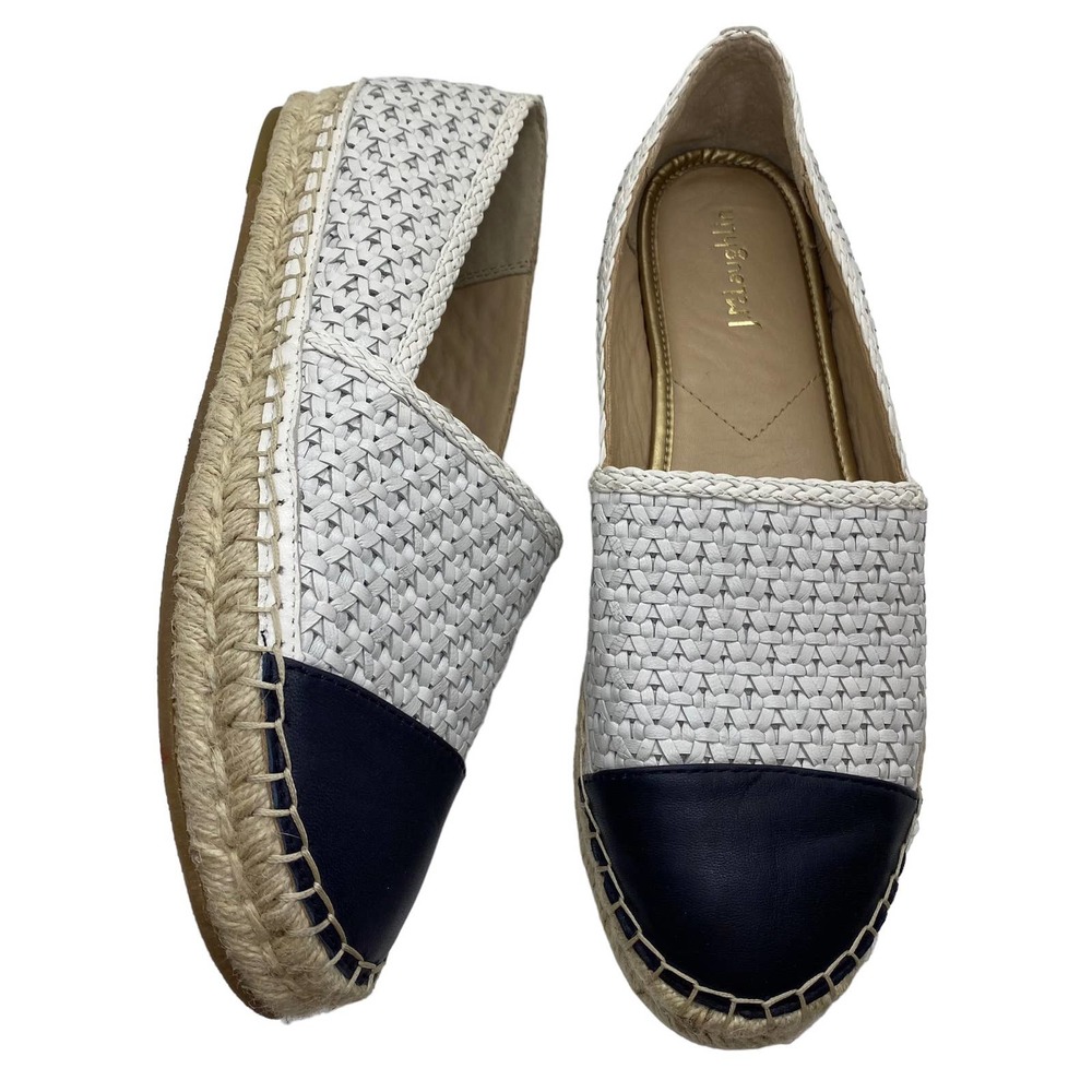 J. McLaughlin Redding 2 Espadrille Flat White Navy Leather Woven Espadrilles 10M